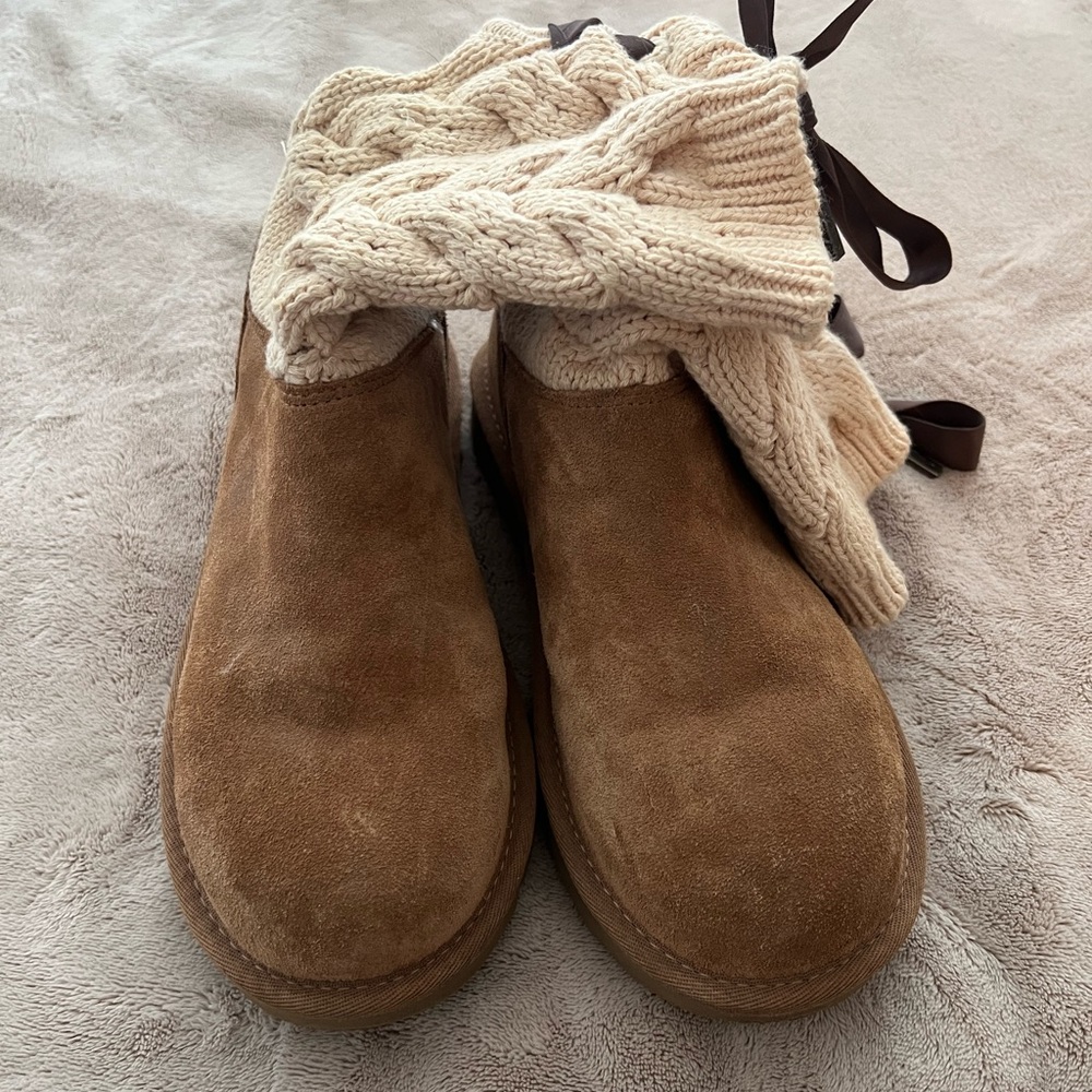 Brown Suede Boots with Cream Knit Cuffs